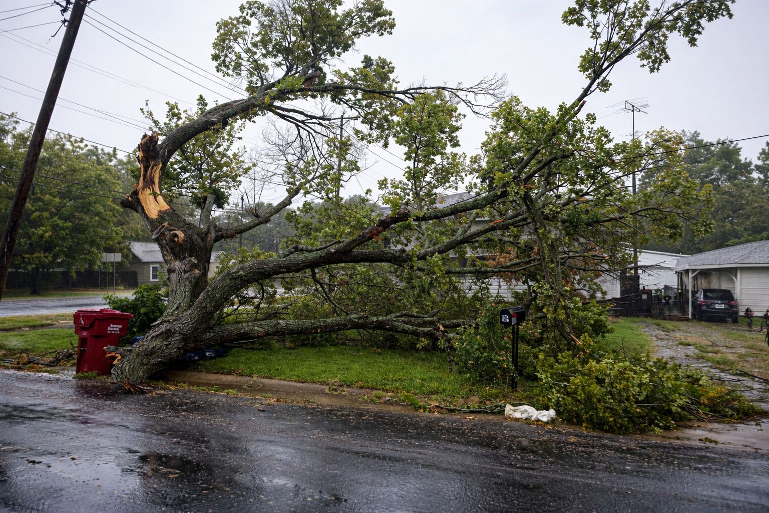 Storm-damaged tree fallen across a residential street and tangled in overhead power lines in McKinney, Texas